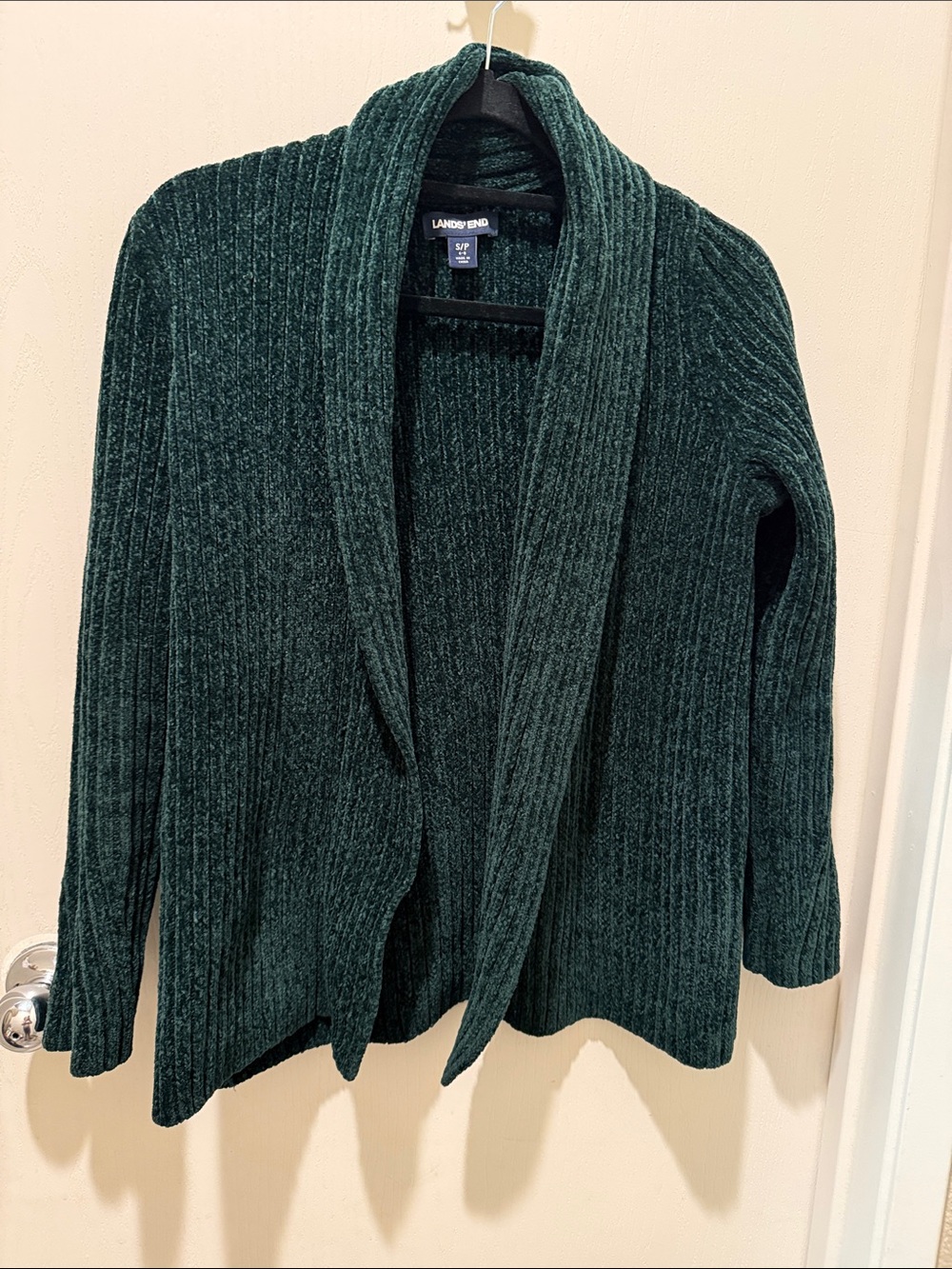 Lands' End Women's Forest Green Ribbed Shawl Collar Cardigan